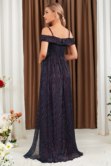 Glitter A-Line Purple Prom Dress with Shoulder